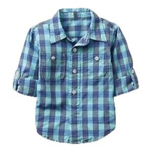 Gap Boys Shirt Size 2 Oceanside‎ Blue Plaid Roll Tab Cuff Button Up Front